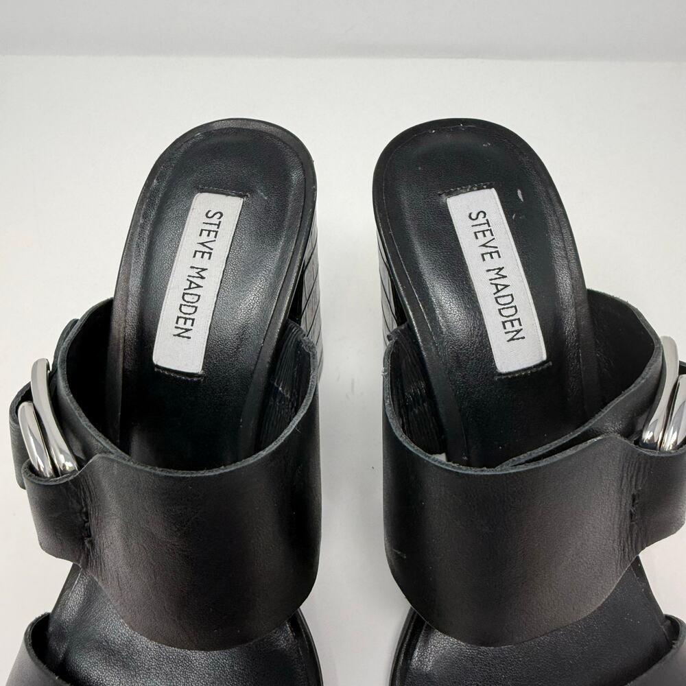 Steve Madden Sandals Women's 8.5 Leda Black Croc Embossed Leather Block Heel - Picture 13 of 15